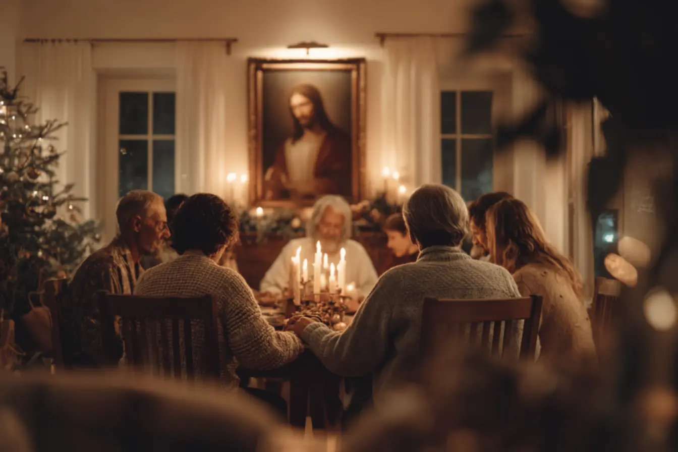 Crianças rezando em família na noite de Natal