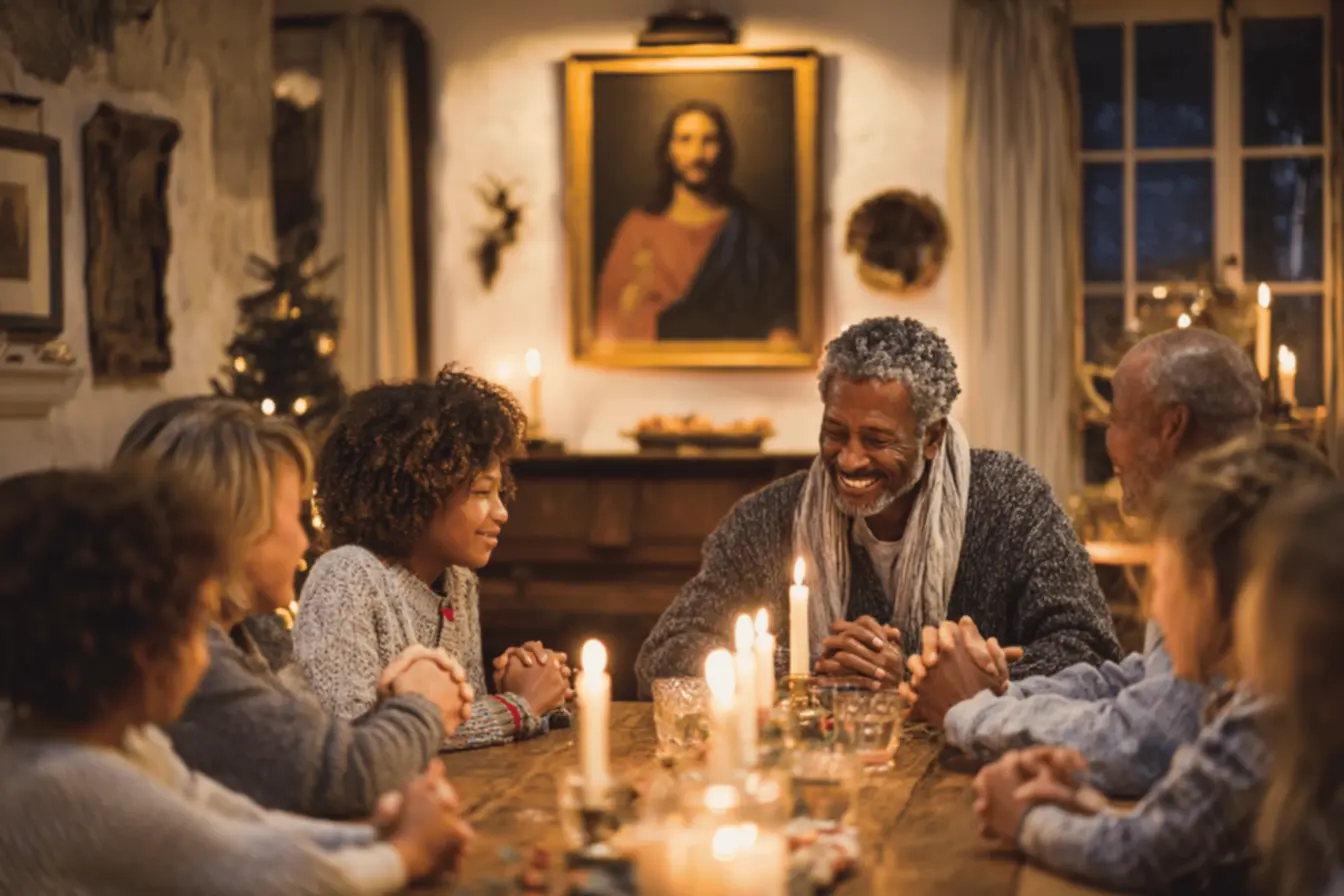Reunião familiar em oração durante o Natal
