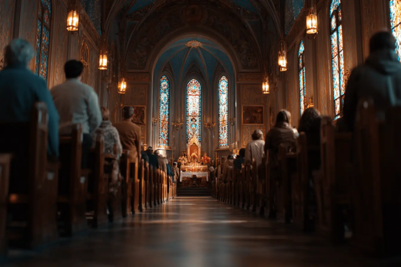 Uma congregação unida em oração, simbolizando a unidade na fé proporcionada pelos credos católicos.