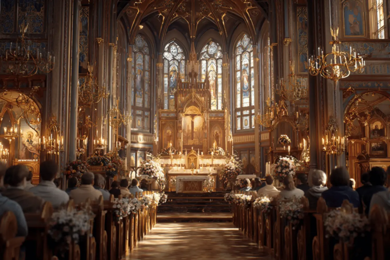 Mulher feliz com as mãos para cima em oração, celebrando um parabéns católico.