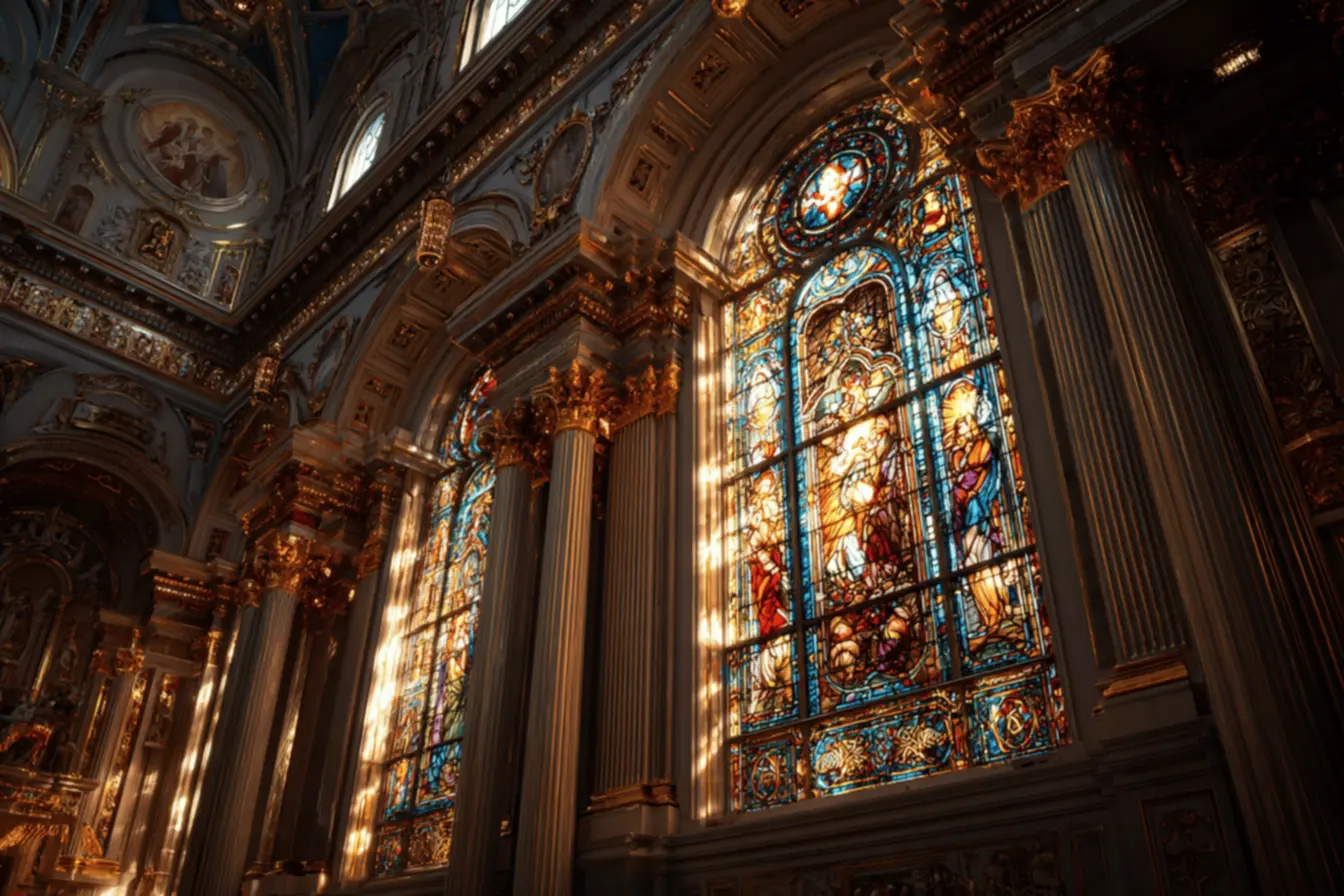 Vitrais coloridos de uma catedral, representando a beleza das artes sacras católicas