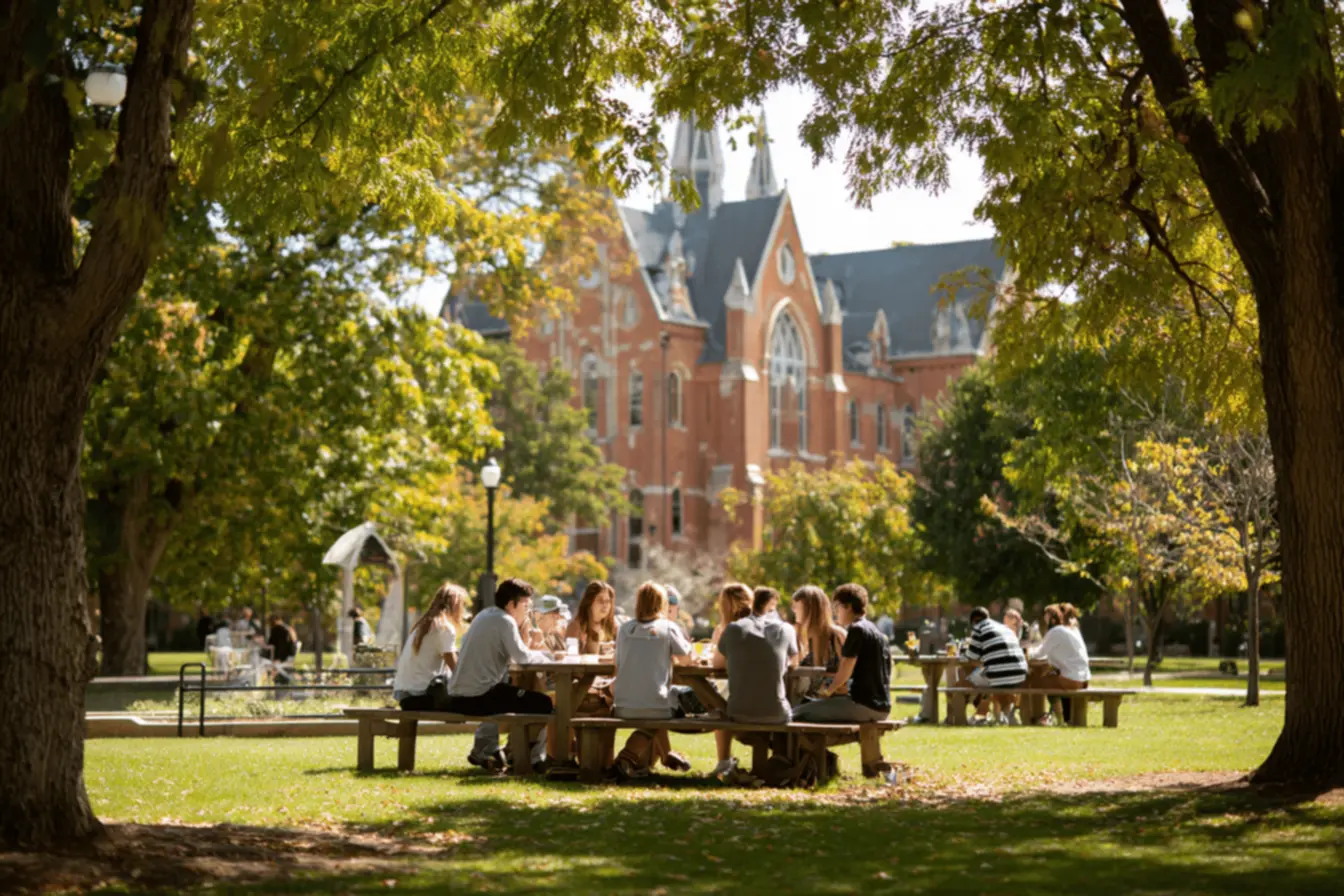 Estudantes em uma faculdade católica, refletindo sobre sua jornada de fé e conhecimento