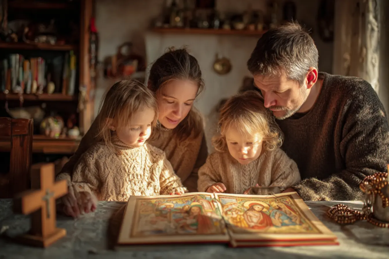 Crianças lendo a bíblia infantil católica ave maria com seus pais