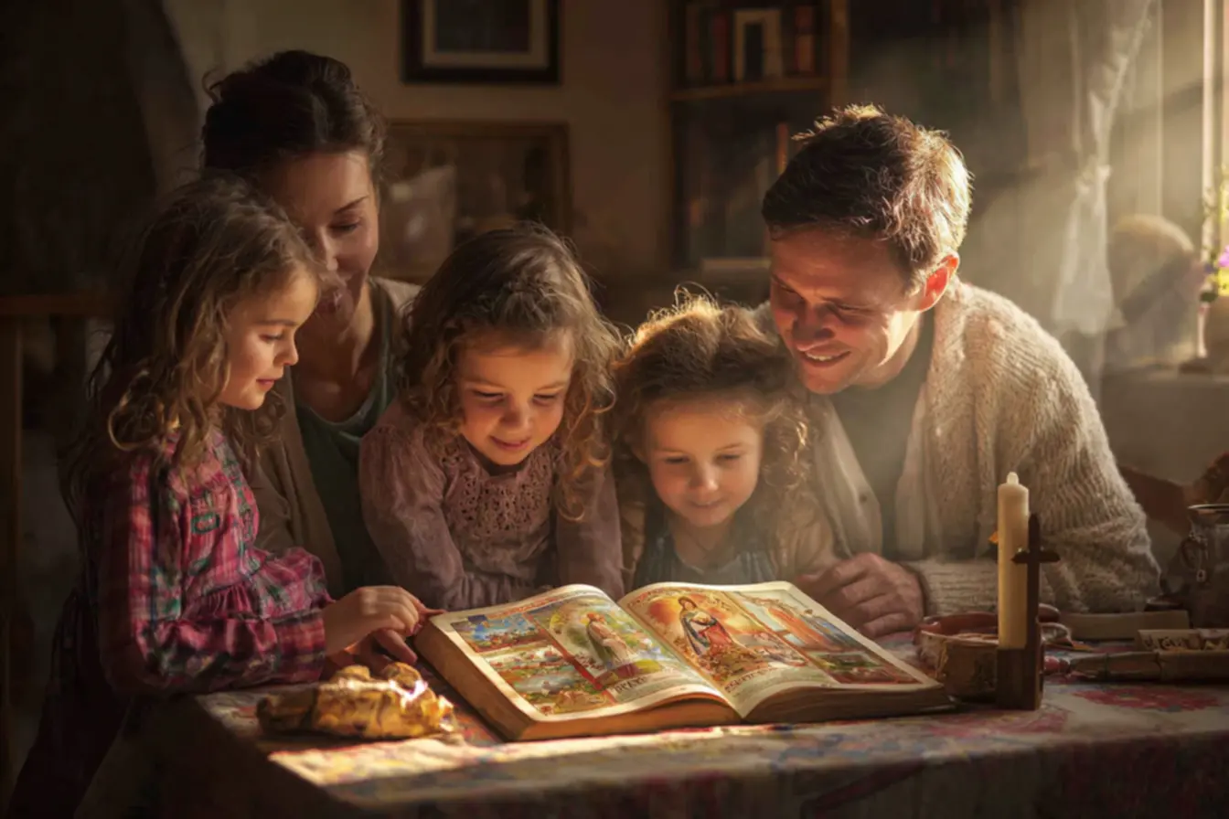 Família reunida para a leitura da bíblia infantil católica ave maria
