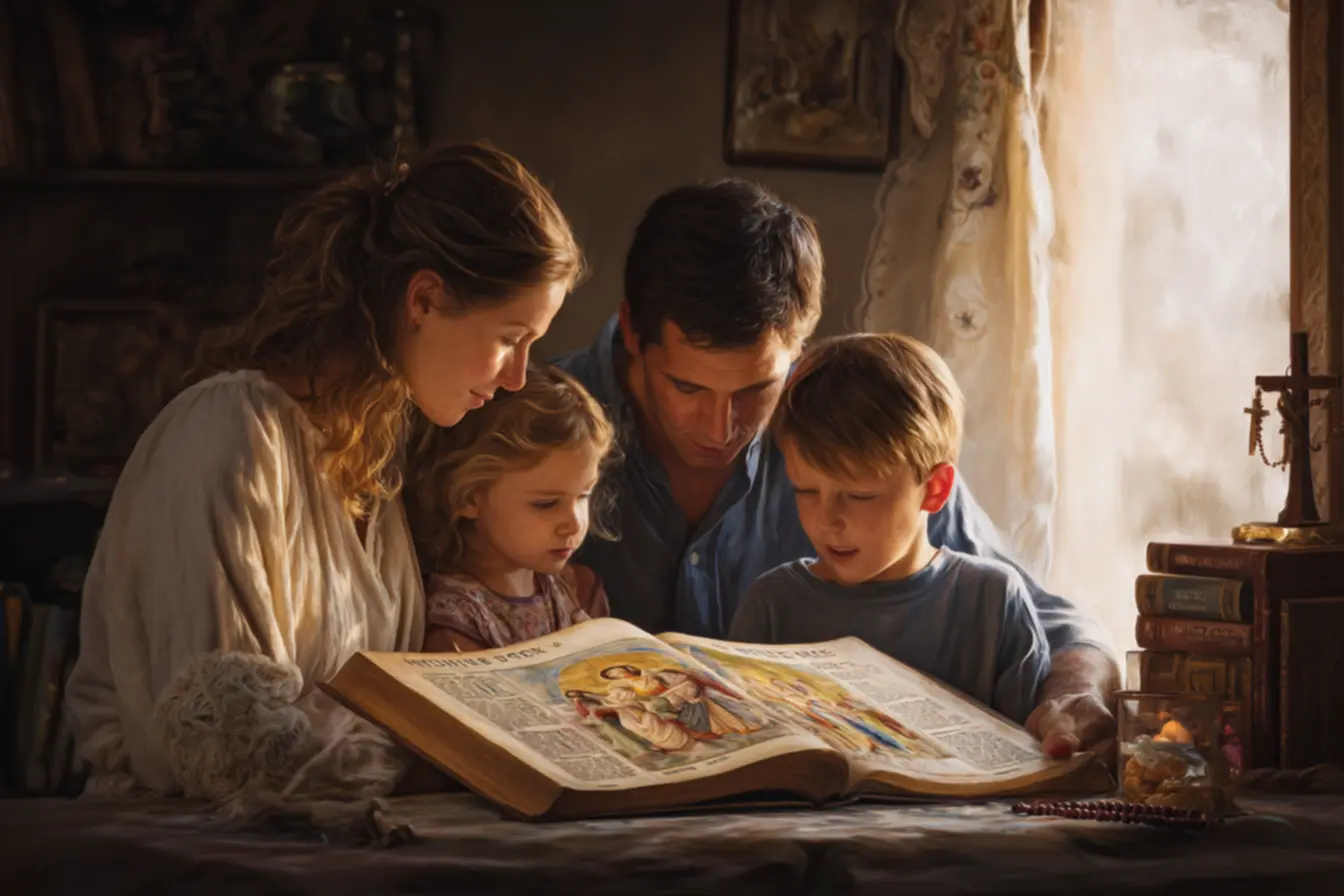 Criança rezando com sua bíblia infantil católica ave maria