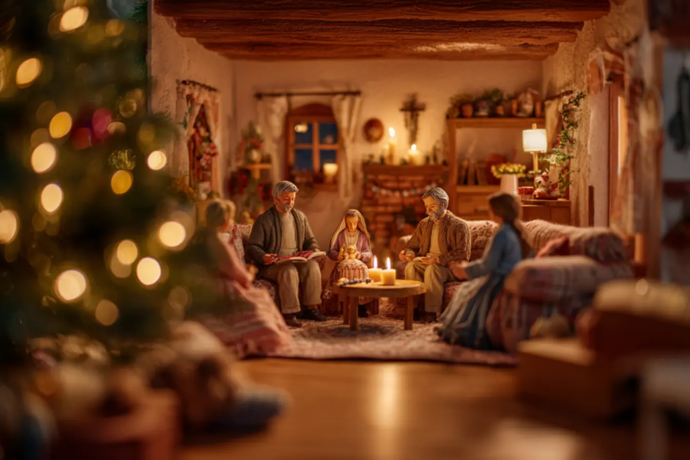 Crianças e família rezando a novena de natal em casa