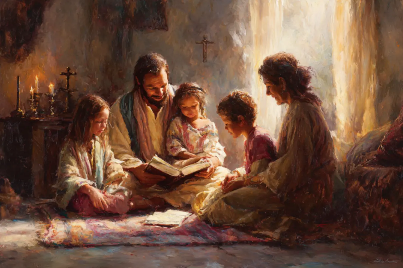 Ilustração de uma família lendo a Bíblia