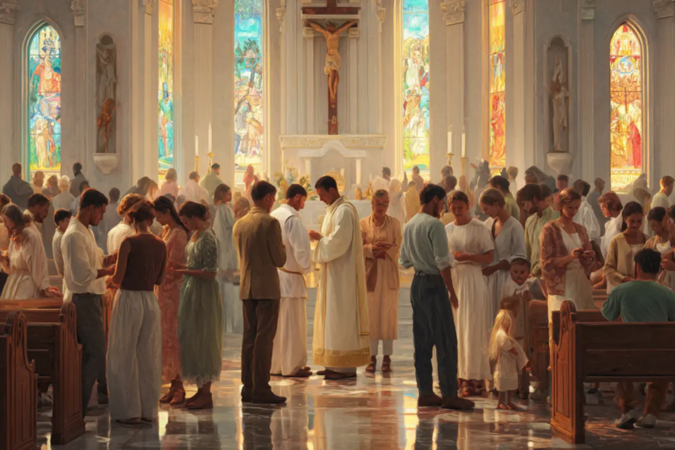 Participantes dos movimentos da igreja católica reunidos em celebração