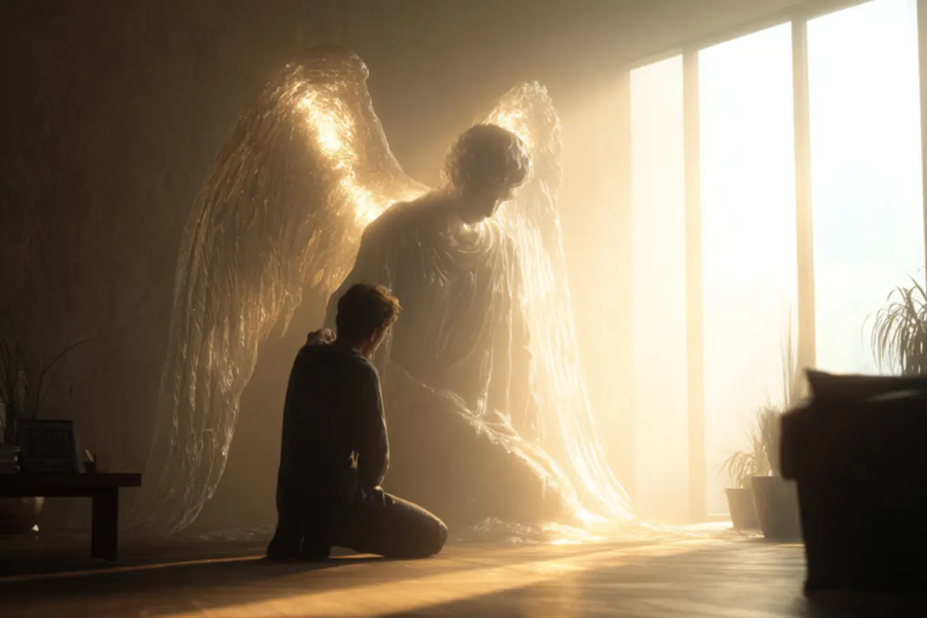 Uma criança abraçando um anjo da guarda, simbolizando qual meu anjo da guarda