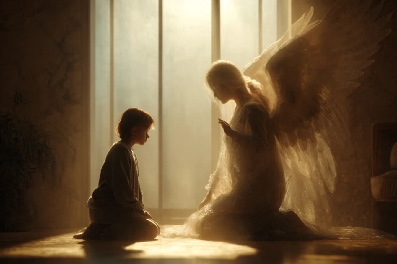 Representação clássica de um anjo da guarda protegendo uma criança, ilustrando qual meu anjo da guarda
