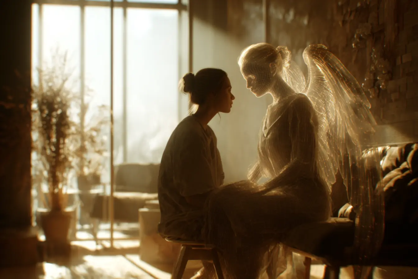 Um anjo da guarda protegendo uma família em oração, evidenciando qual meu anjo da guarda