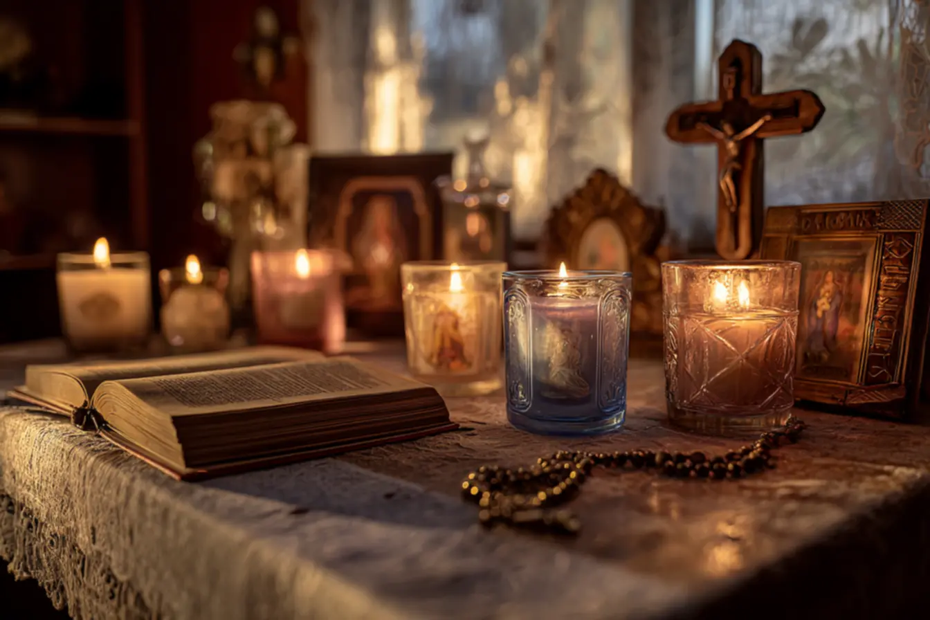 Diversos tipos de velas católicas em uso