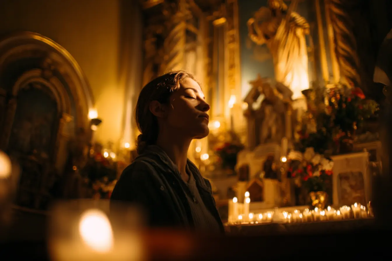 Vela acesa com preces ao fundo