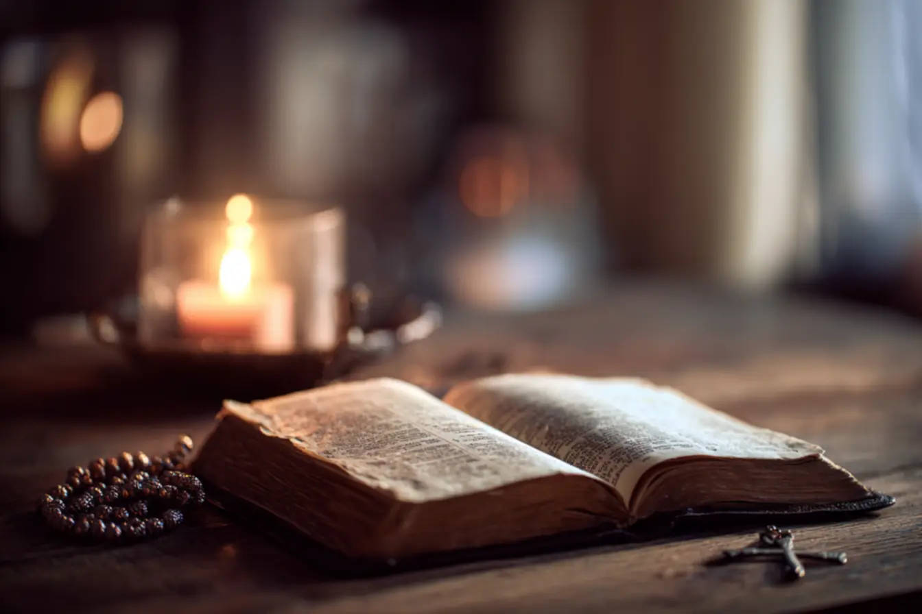 Pessoa meditando com sua bíblia católica de bolso, encontrando conforto na Palavra.