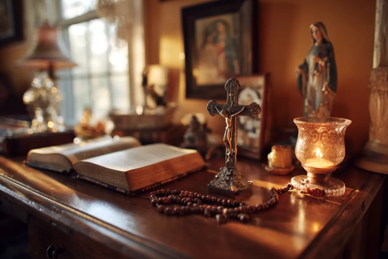 Uma imagem de terços e rosários, símbolos de artigos religiosos católicos, sobre um altar iluminado.