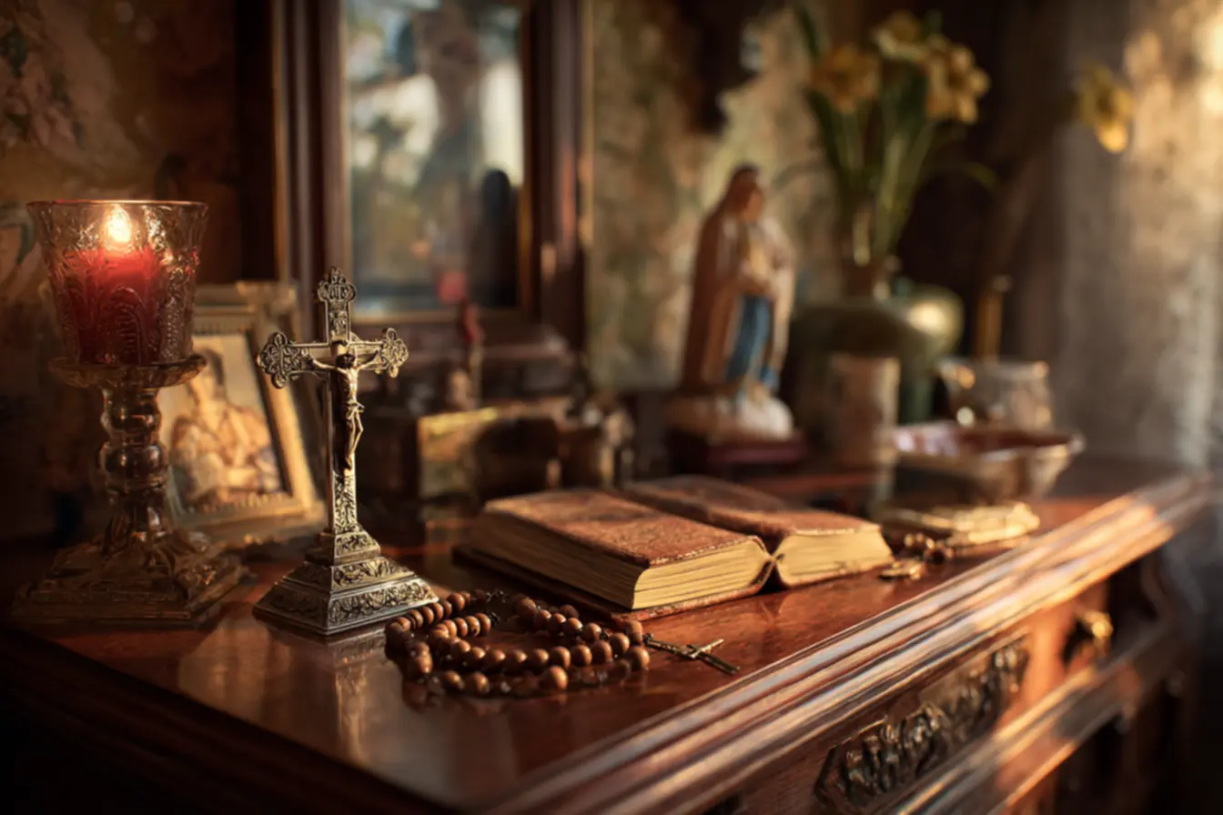 Uma pessoa segurando um terço abençoado, símbolo de artigos religiosos católicos, em oração profunda.