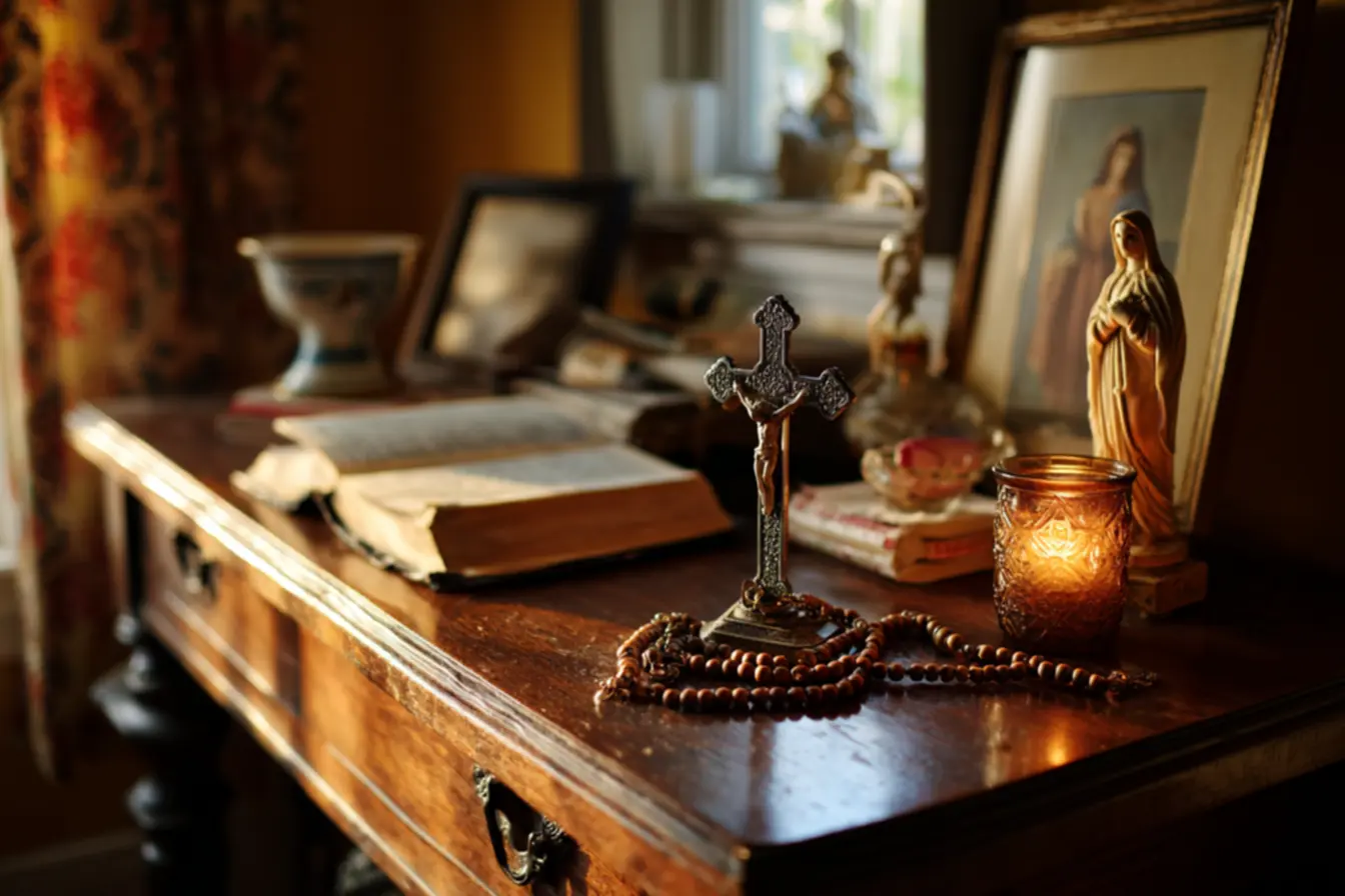 Mãos segurando um terço antigo, mostrando a profundidade da devoção aos artigos religiosos católicos.