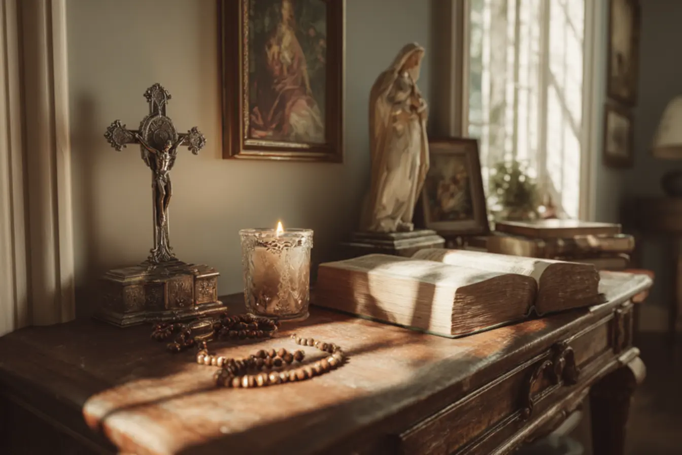 Uma variedade de artigos religiosos católicos, incluindo terços, medalhas e crucifixos, dispostos em um altar.