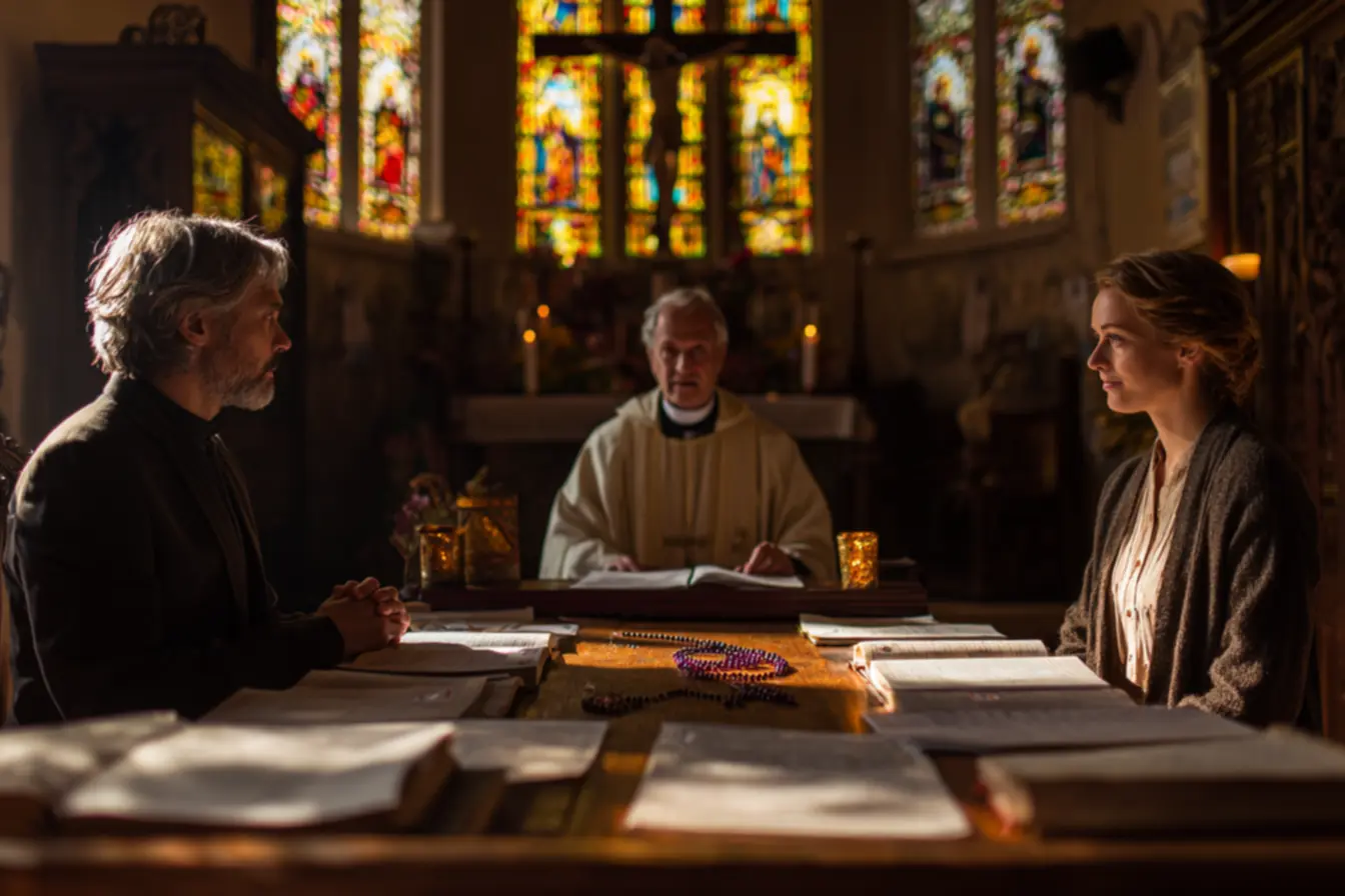 Uma mulher em oração, buscando a verdade sobre a anulação de casamento na Igreja Católica.
