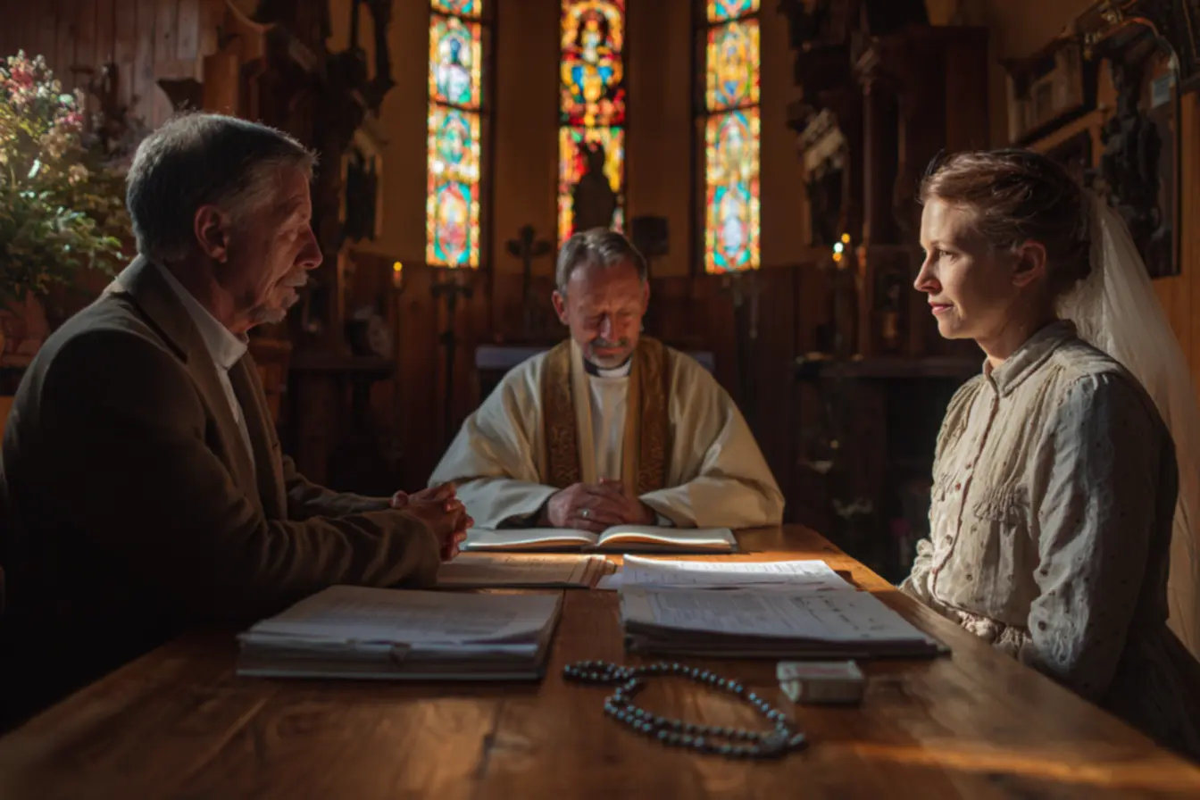 Um casal em oração, simbolizando a busca pela validade do sacramento e a anulação de casamento na Igreja Católica.