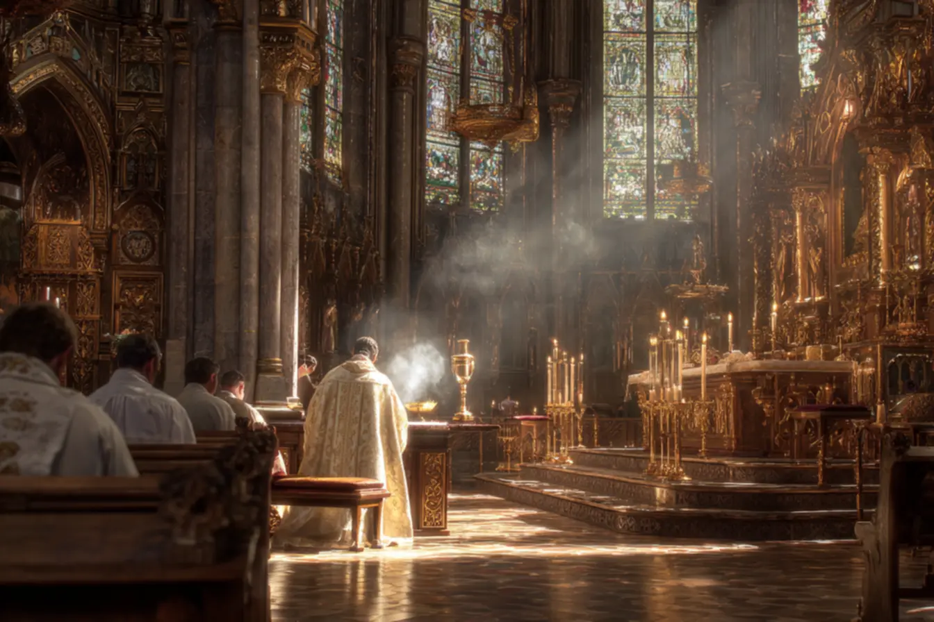 Sacerdote utilizando incenso na igreja católica durante celebração.