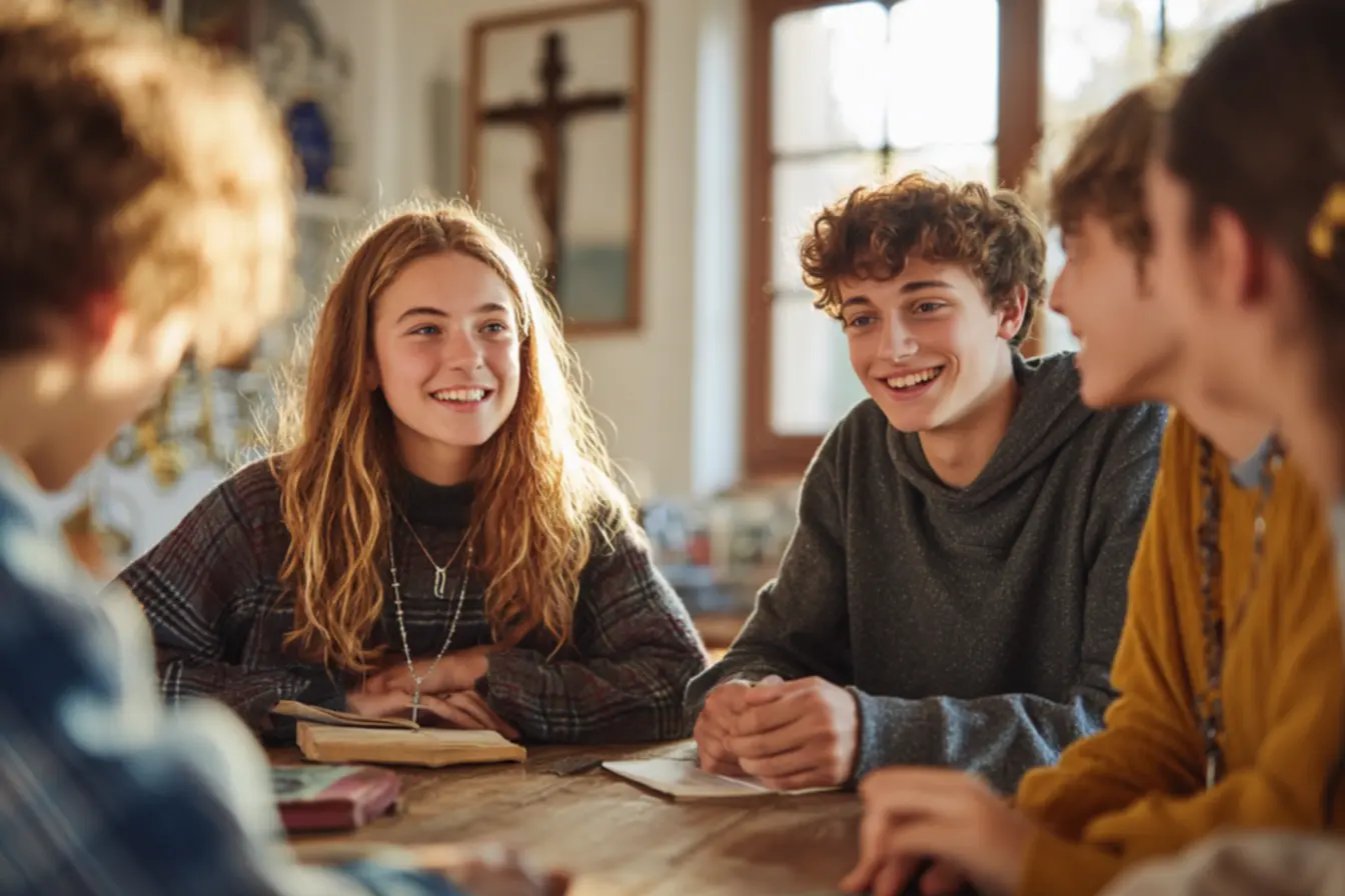 Participantes de um quiz católico para jovens com respostas celebrando.