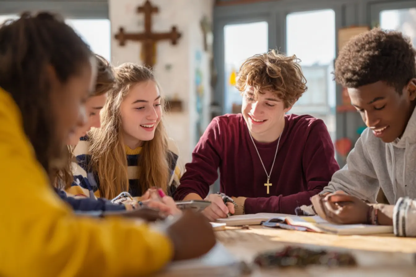 Jovens aprendendo sobre a fé através de um quiz católico para jovens com respostas.
