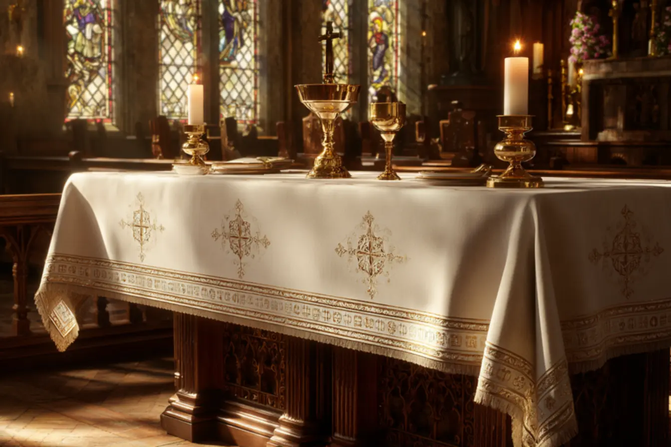 Toalhas para altar de igreja católica brancas com bordados, simbolizando pureza.