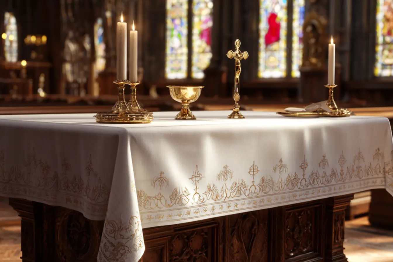Toalhas para altar de igreja católica com bordados eucarísticos dourados.