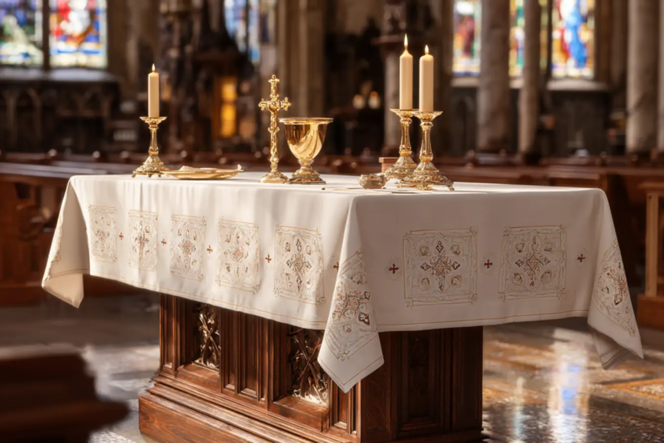 Toalhas para altar de igreja católica limpas e bem cuidadas, prontas para a liturgia.
