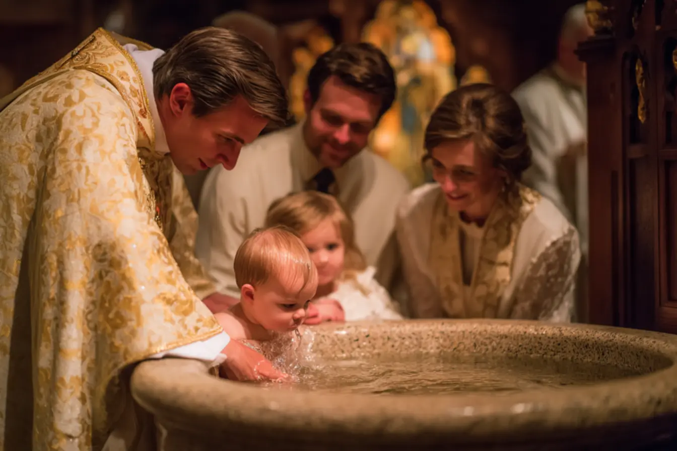 Família em cerimônia de batismo de criança, ilustrando como funciona o batizado na igreja católica.