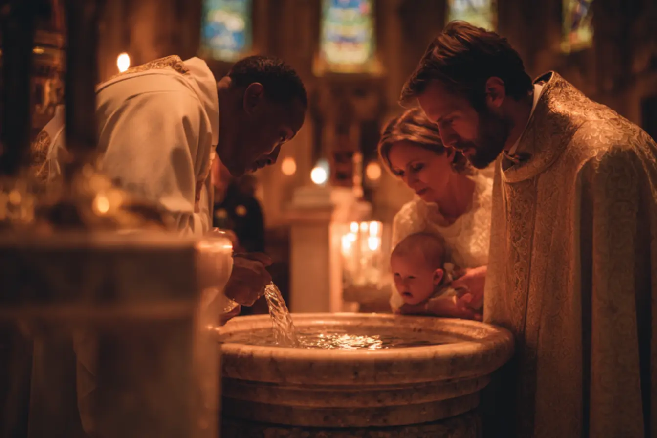 Pessoas em uma cerimônia de batismo, simbolizando como funciona o batizado na igreja católica.
