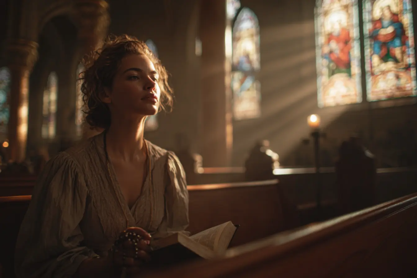 Uma mulher em oração, encontrando consolo nas frases católicas bonitas.