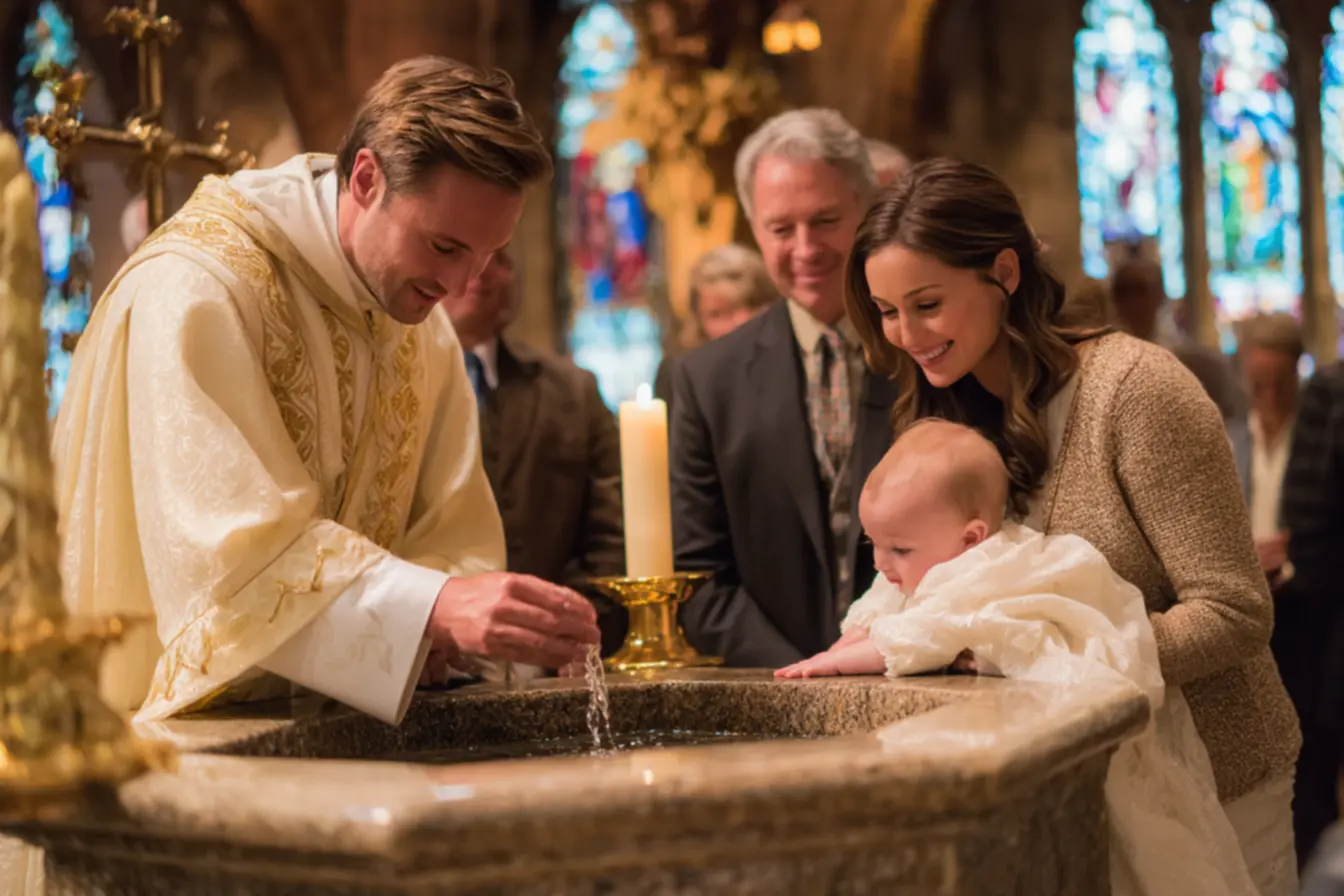 Criança sendo batizada, simbolizando os efeitos e ritos de como funciona o batizado na igreja católica.