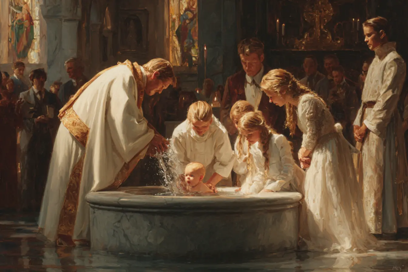 Água sendo derramada em uma cabeça de bebê, representando como funciona o batizado na igreja católica.