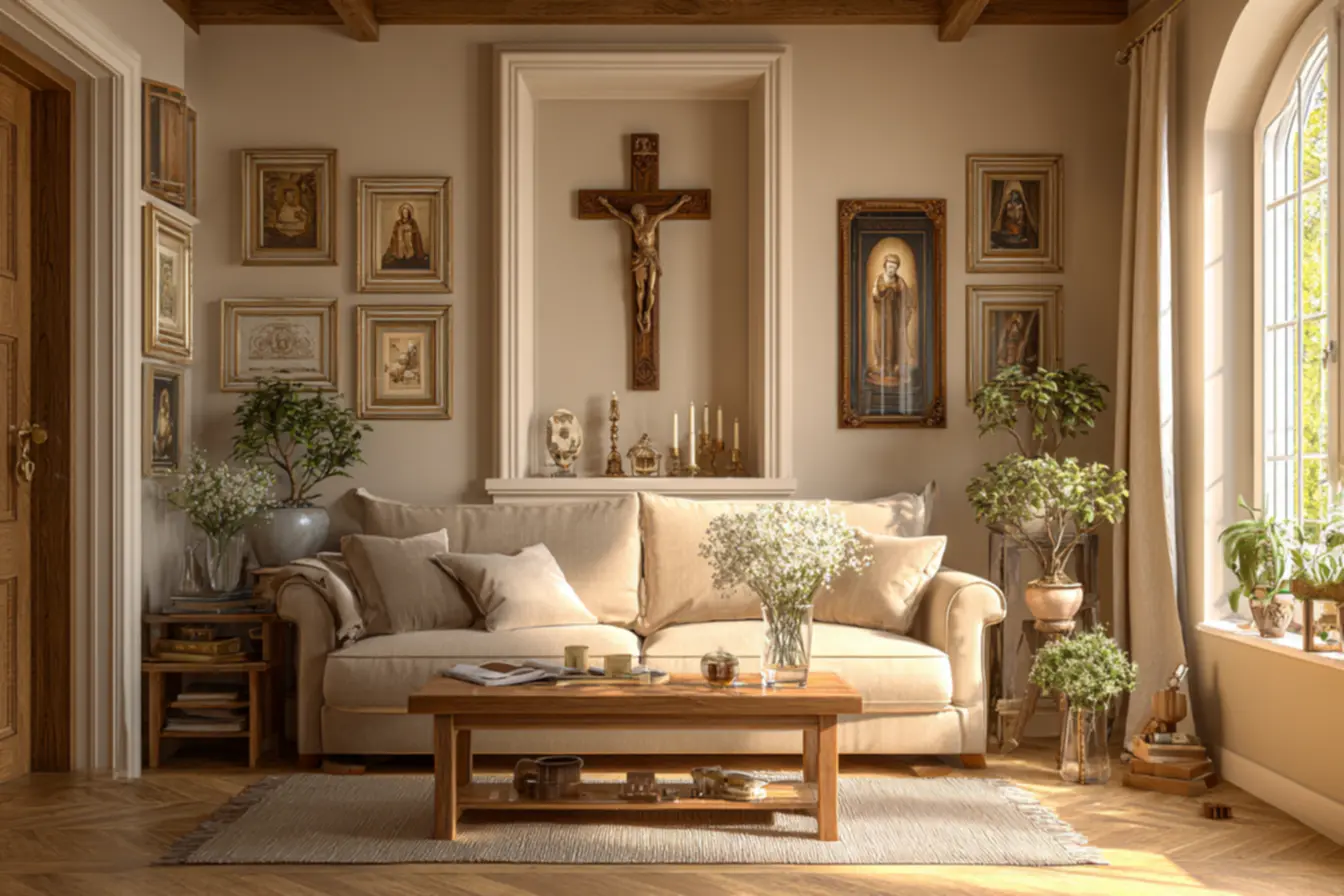 Crucifixo simples na parede, elemento chave na decoração católica.