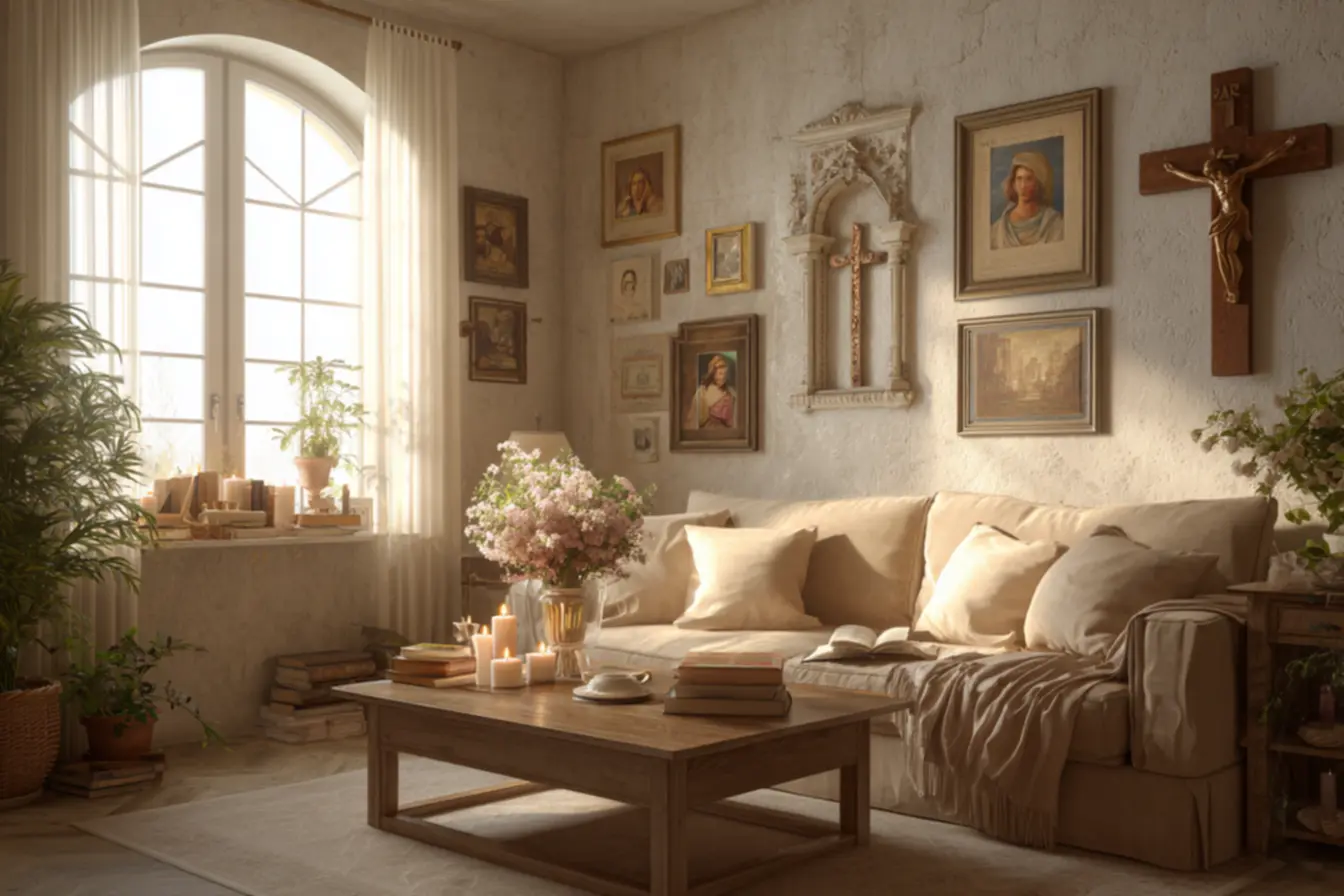 Estatueta de Nossa Senhora com flores, parte da decoração católica.