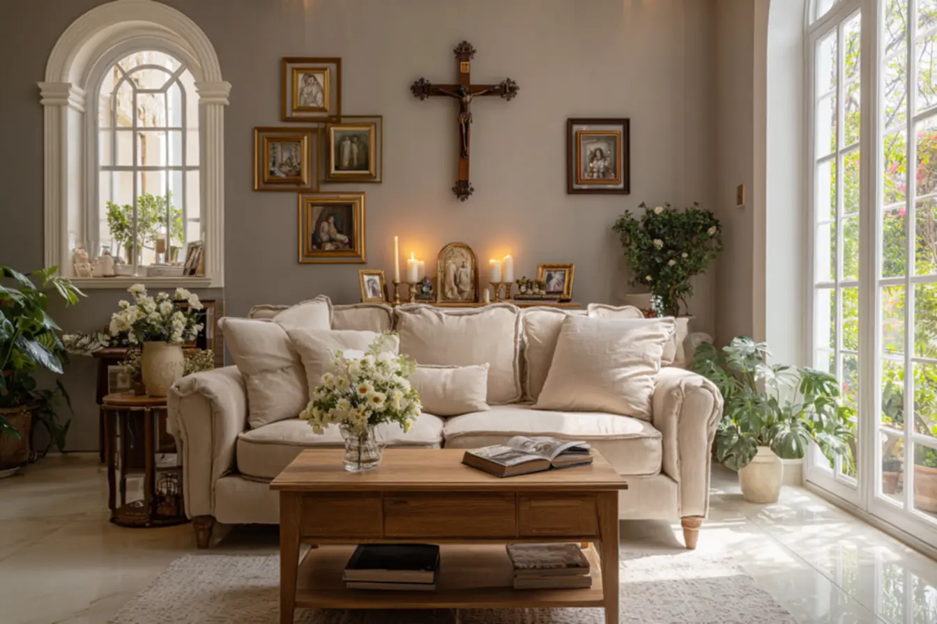 Altar doméstico com elementos de decoração católica, como velas e imagens.