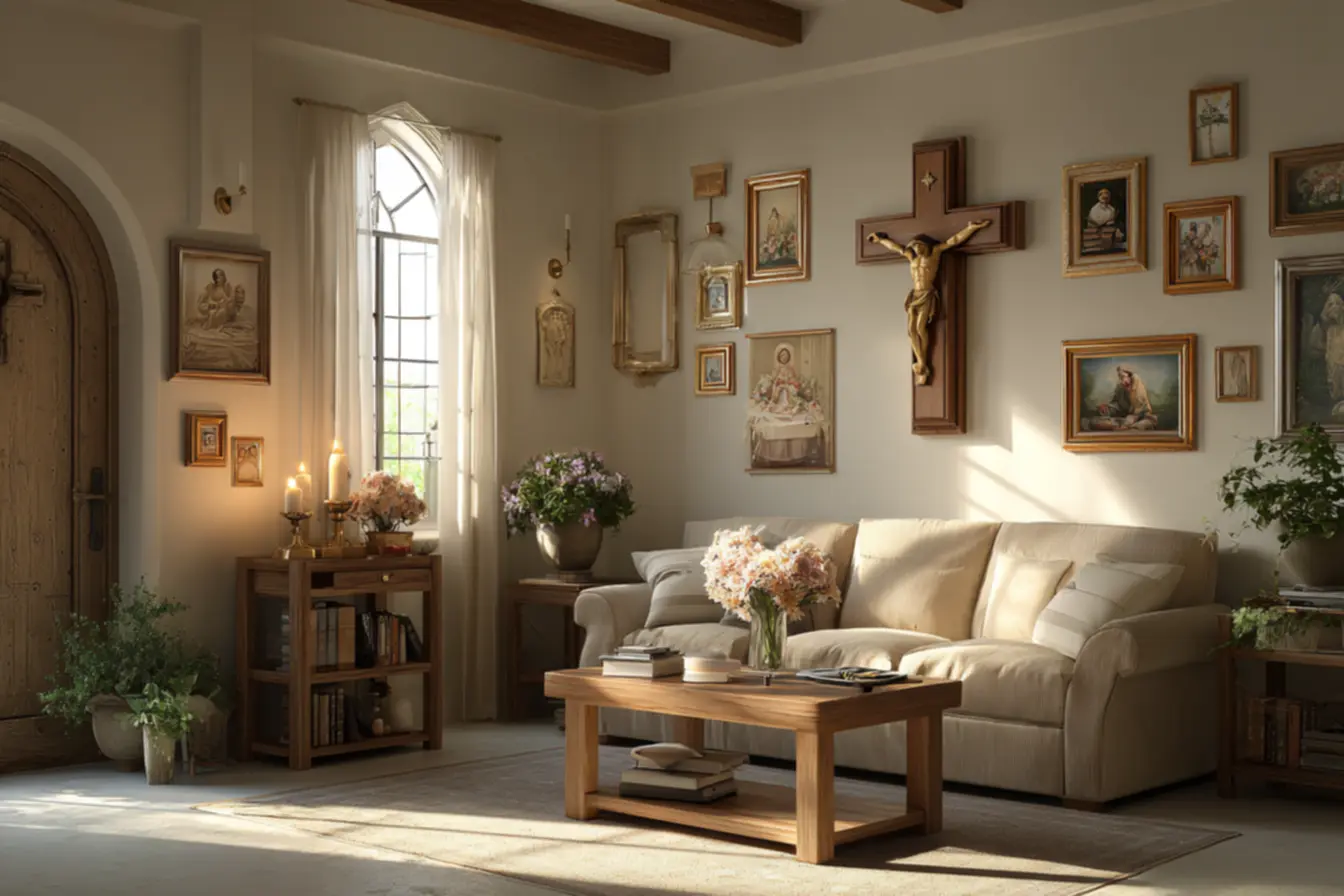 Livros de oração e terço, elementos essenciais para uma decoração católica.