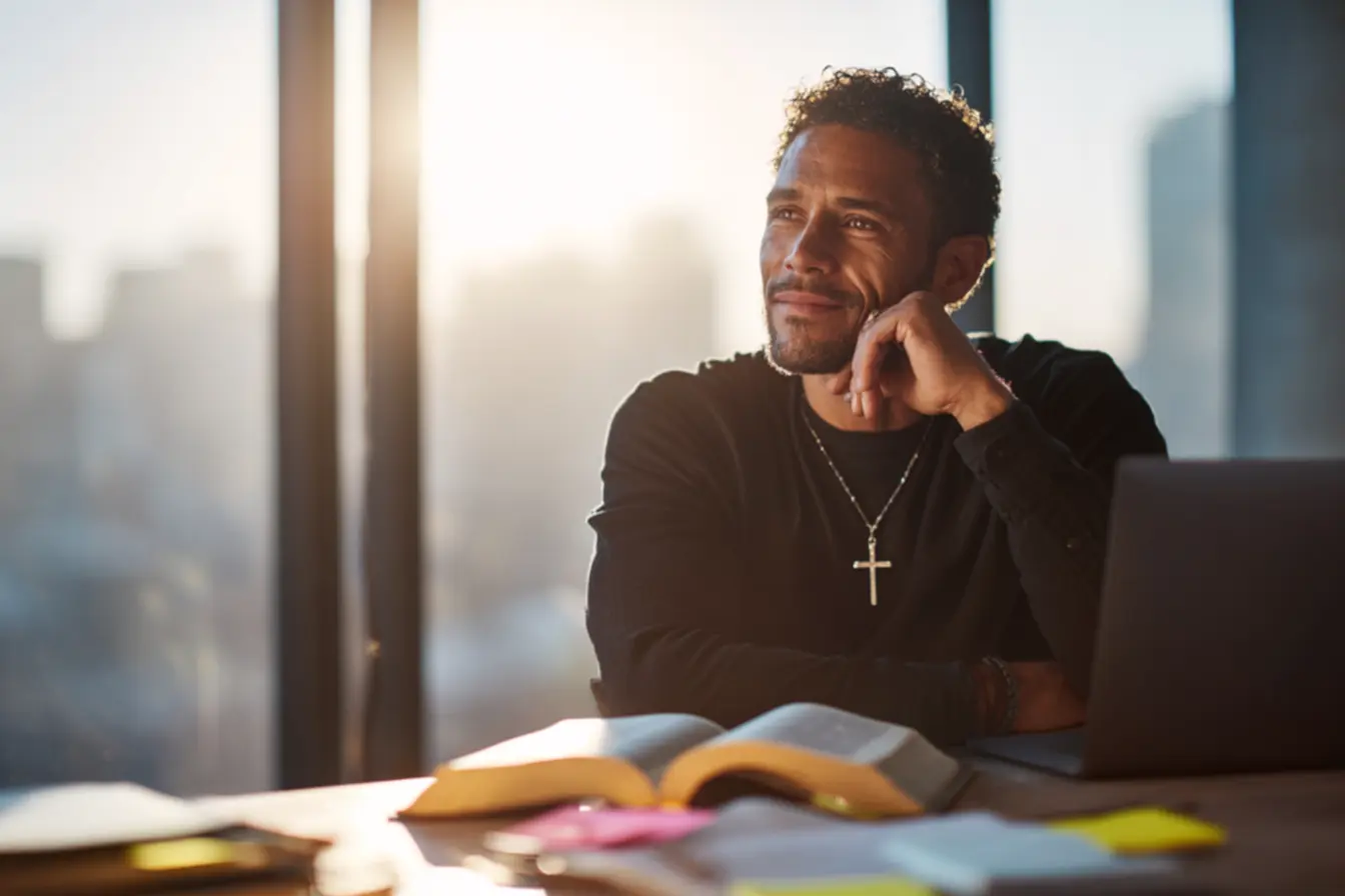 Mulher católica refletindo sobre a dignidade humana no trabalho, o que a bíblia diz sobre o trabalho.