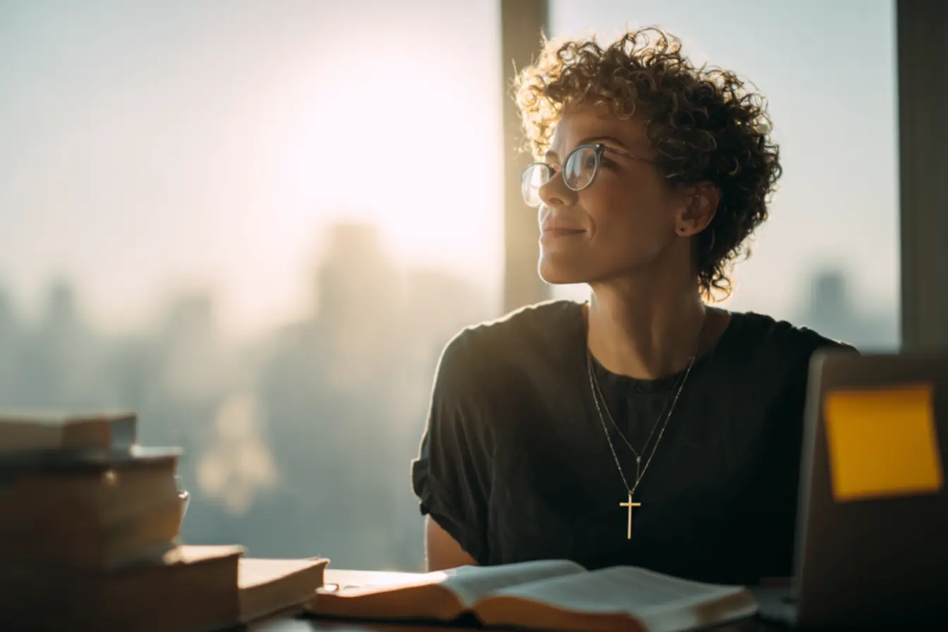 Mulher católica em oração com um terço, buscando virtudes no trabalho, o que a bíblia diz sobre o trabalho.