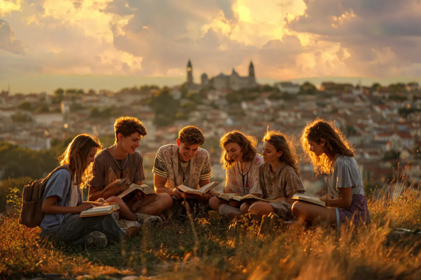 Jovens reunidos em comunidade, refletindo sobre frases católicas para jovens