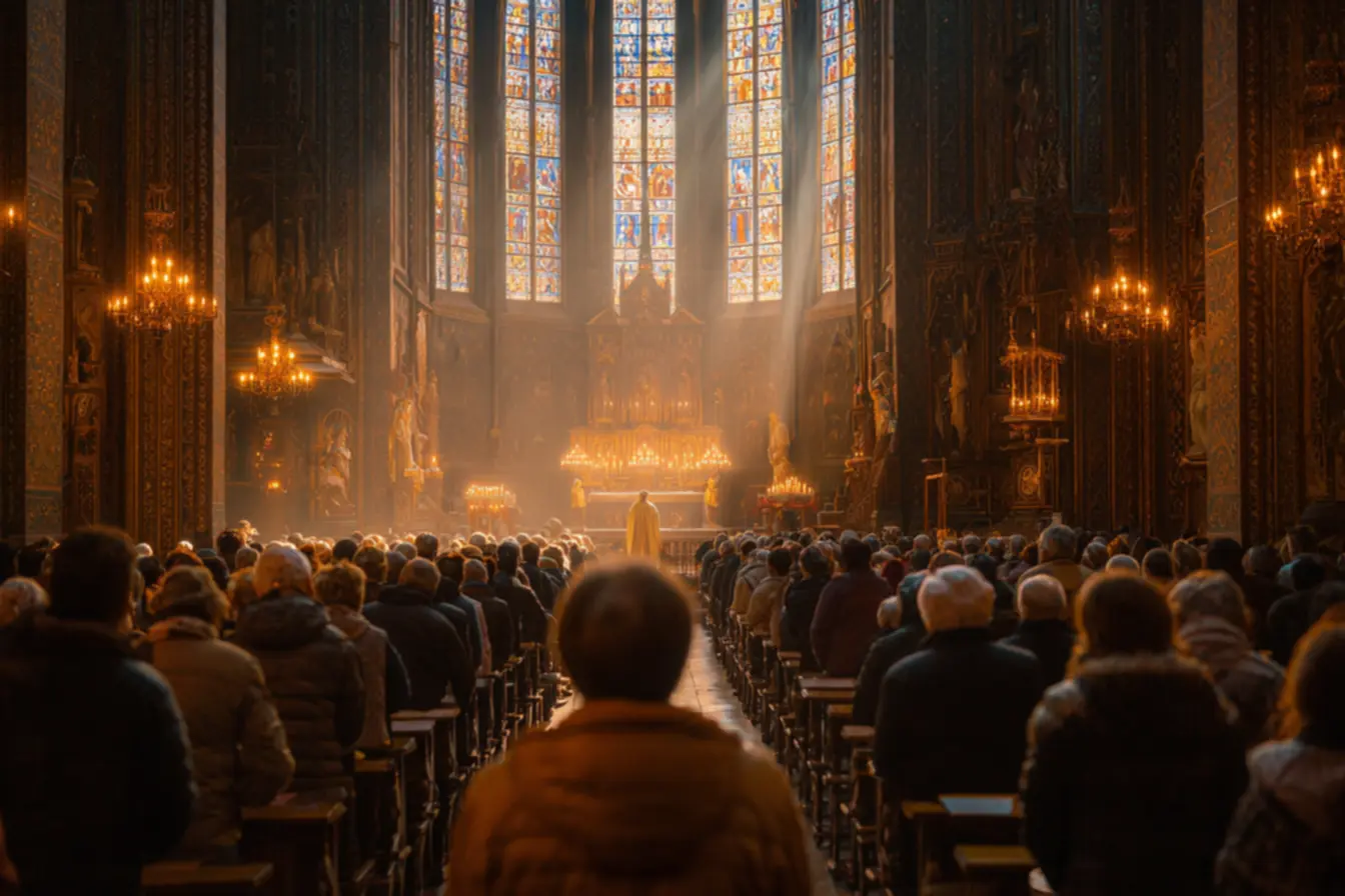 Uma igreja católica cheia de fiéis em oração, um sinal de fé e comunidade ao sonhar com igreja católica cheia.