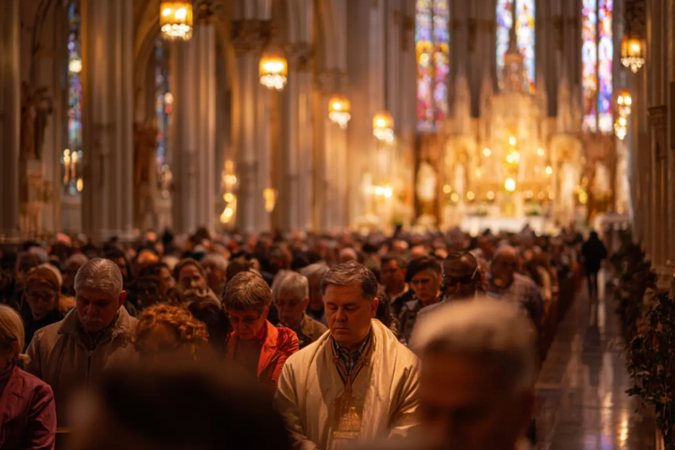 Fiéis participando da missa em uma igreja lotada, simbolizando a união e a alegria ao sonhar com igreja católica cheia.