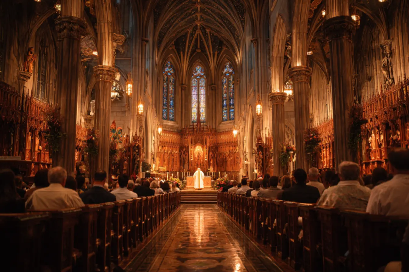 Mãos unidas em oração durante uma celebração, refletindo a força da comunidade ao sonhar com igreja católica cheia.