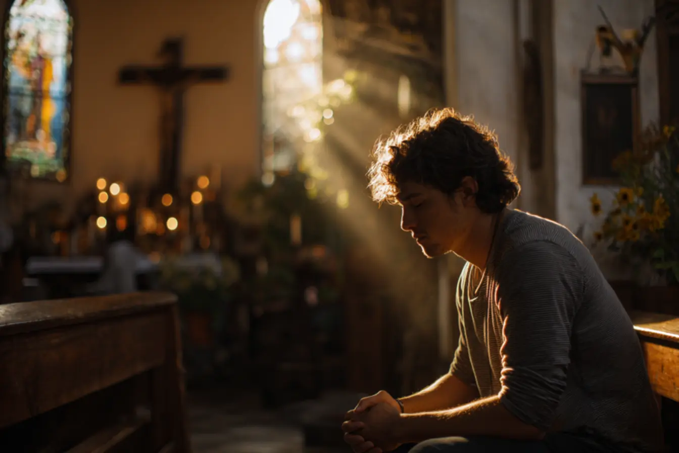 fiel em oração refletindo sobre a identidade de ser católico apostólico romano diante de Deus