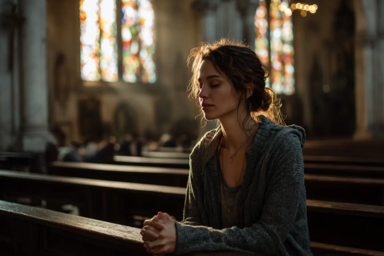 Fiel em oração diante do crucifixo para comemorar a semana santa