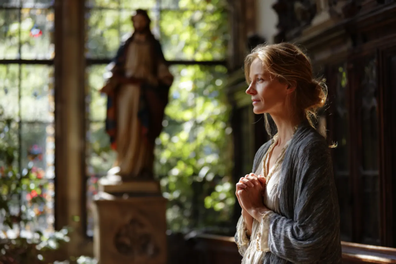 Pessoas em oração com frases católicas