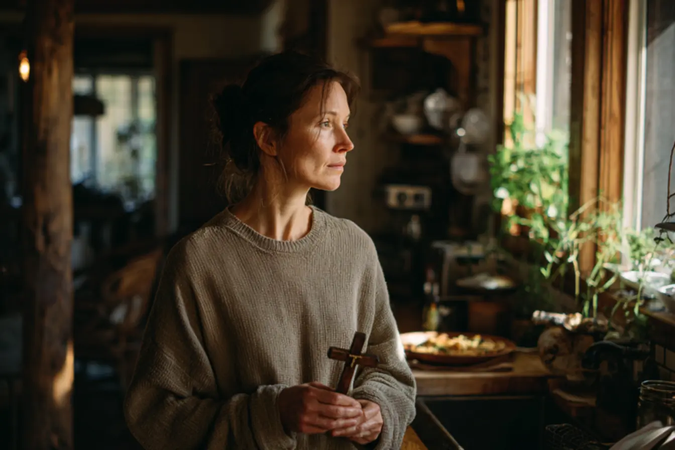 Imagem de um terço e crucifixo em um ambiente religioso