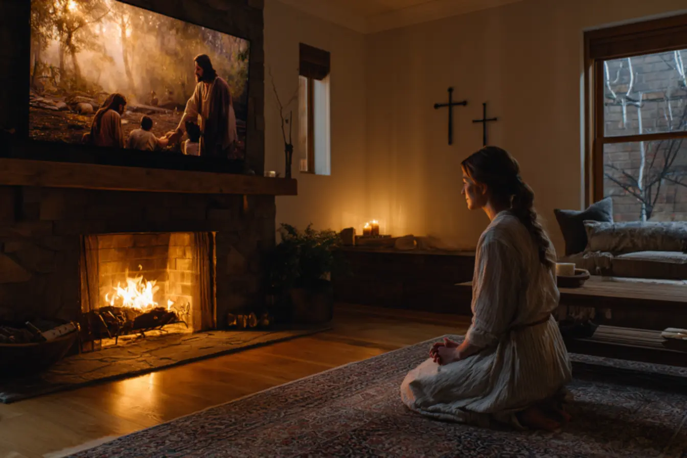 Pessoas assistindo a um filme cristão criando conexão espiritual